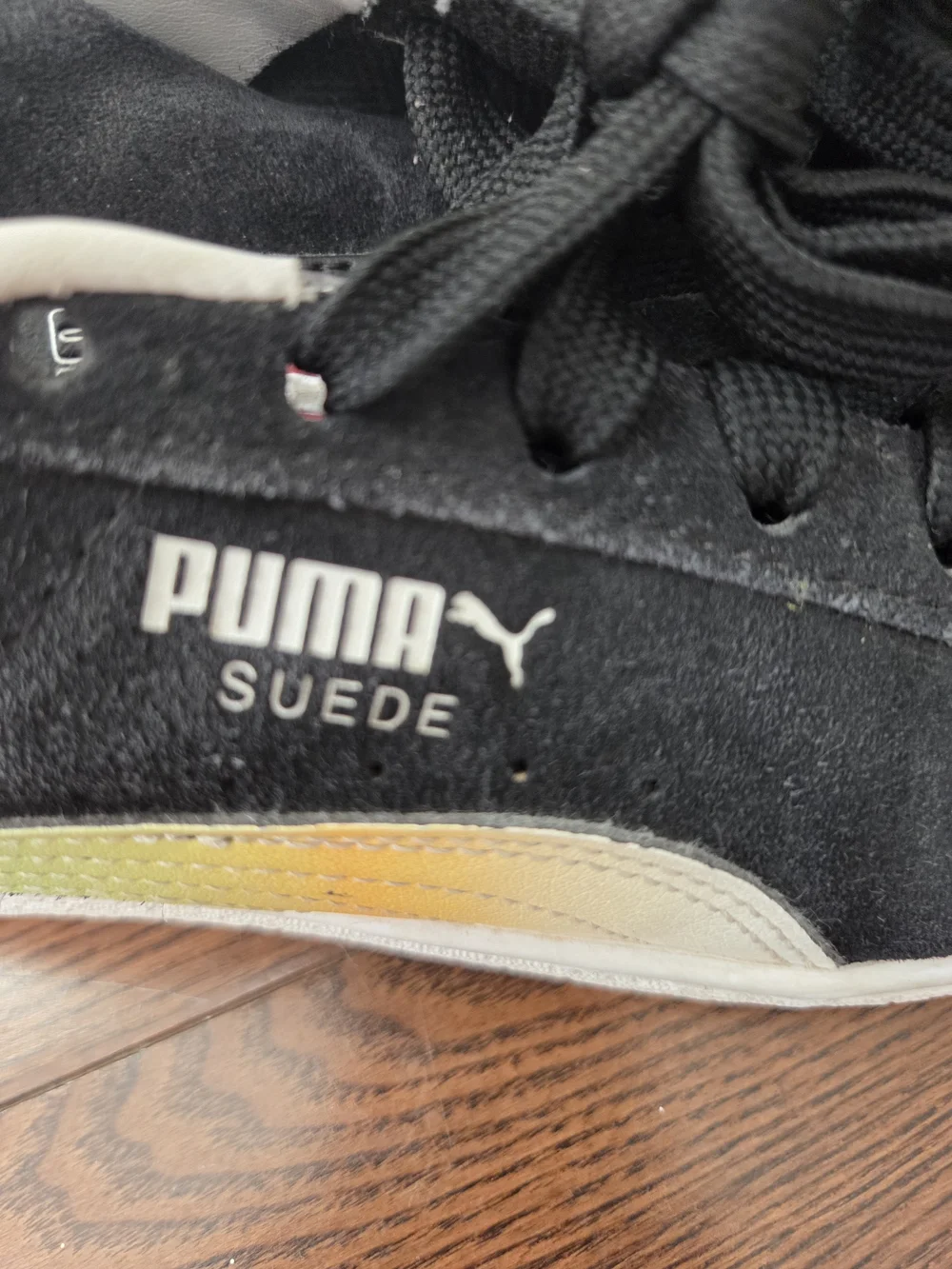 Puma X 2K Men  Black Suede Sneaker with Green & Yellow Accent 8.5